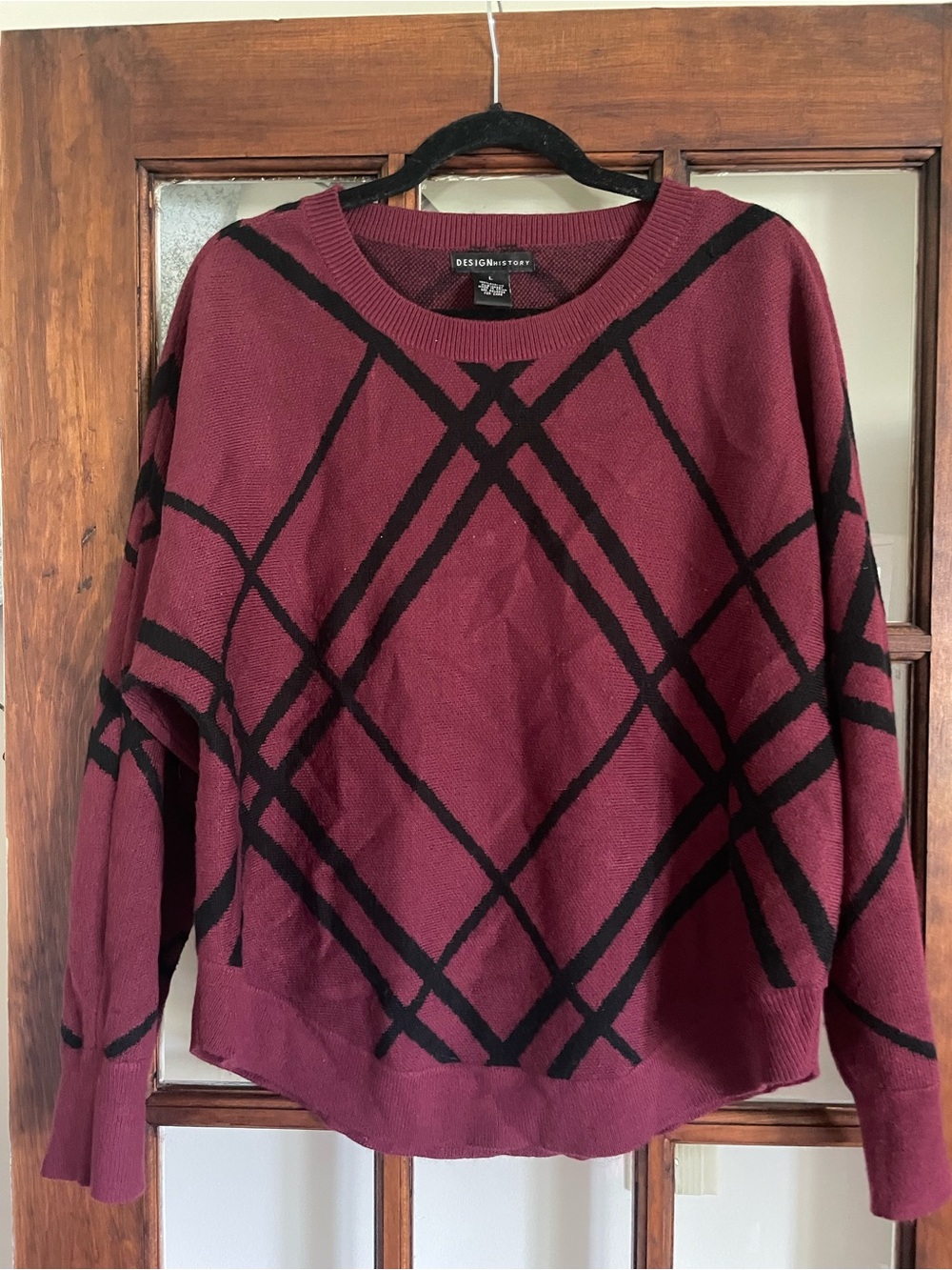 Design History Burgundy Crewneck Sweater with Black Plaid